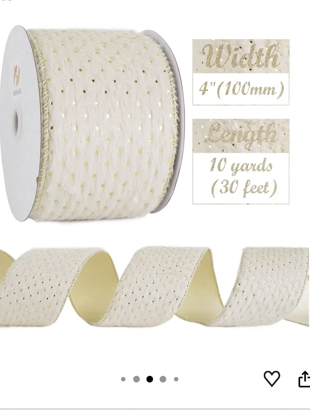 Ivory Christmas Ribbon 4 inch Faux Fur Wired Ribbon Gold Polka Dot nwt 2 rolls